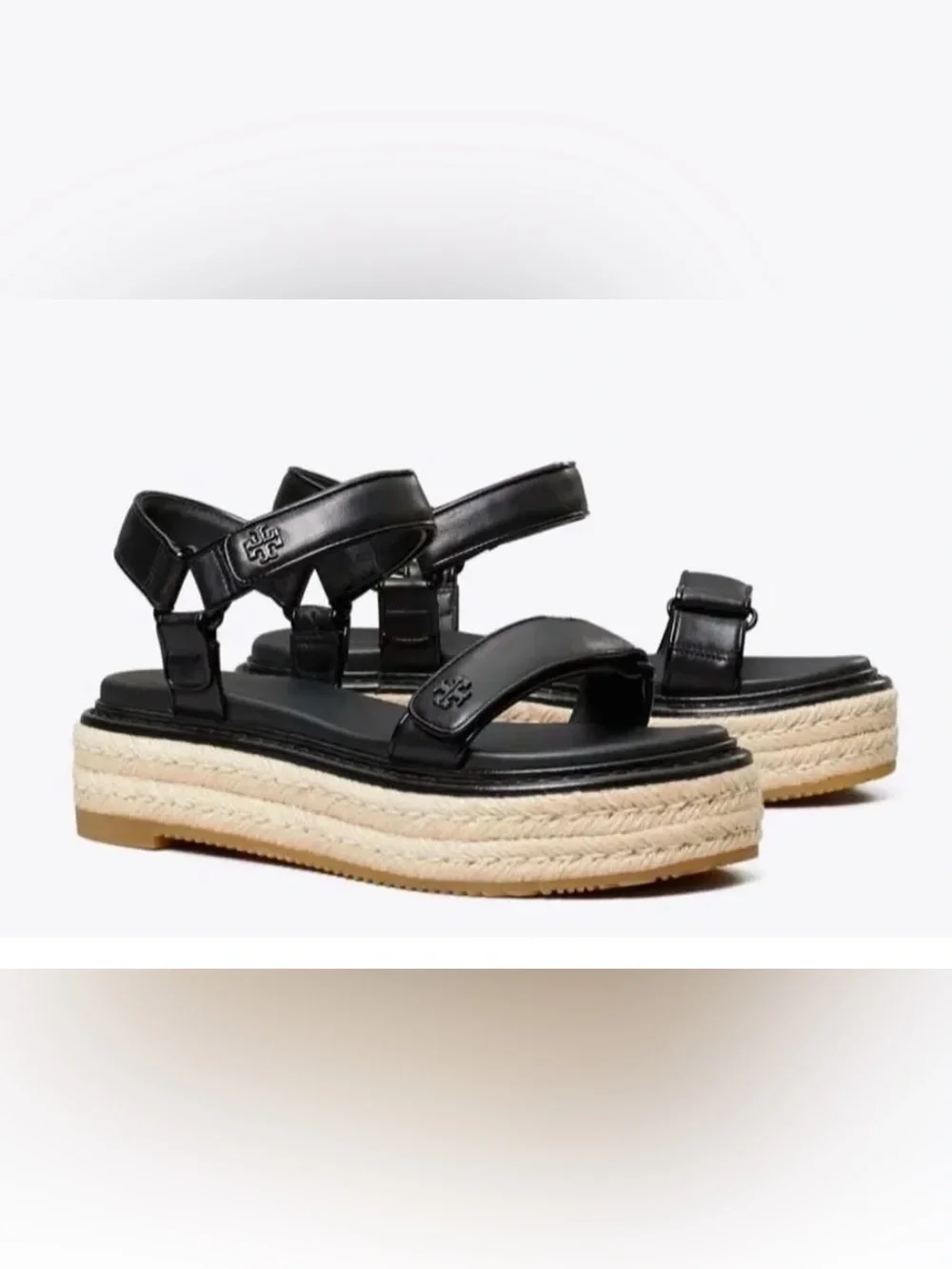 Tory Burch Black Leather Braided-Jute Platform Sandals